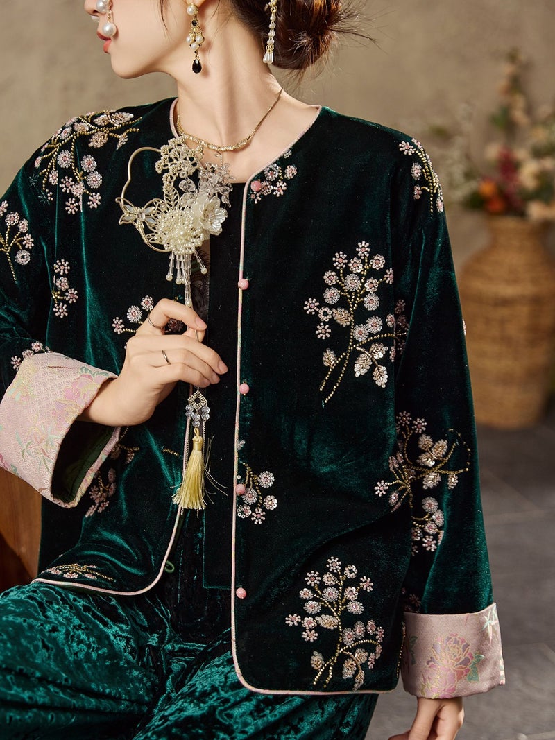 Yailla Versatile Autumn/Winter New Style Chinese Style Cherry Blossom Embroidery High-End Design New Chinese Style Bead Embroidery Light Luxury Rich Noble Coat Cotton Coat Women'S Retro Style Top Niche Design Tang Coat Suit - Image 3